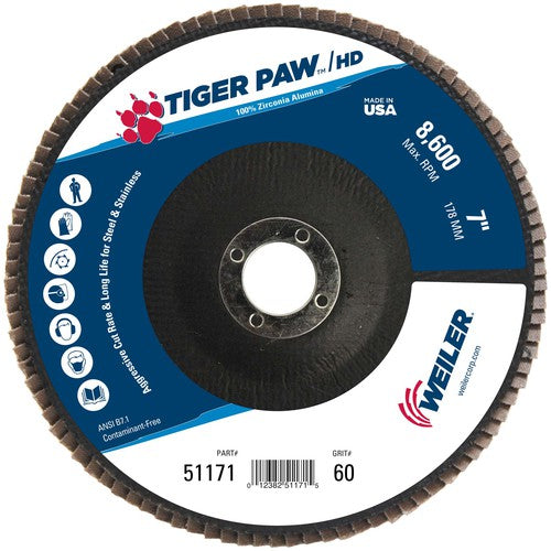 7″ Tiger Paw Super High Density Flap Disc, Flat, Phenolic Backing, 60Z, 7/8″ Arbor Hole - Americas Industrial Supply