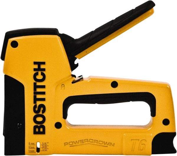 Stanley Bostitch - Manual Staple Gun - 1/4, 3/8, 1/2" Staples, 84 Lb Capacity, Yellow, Aluminum Die Cast - Americas Industrial Supply