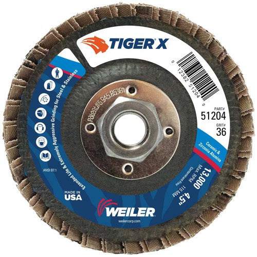 4 1/2″ Diameter - Tiger X Flap Disc, Angled, Phenolic Backing, 36Z, 5/8″ Diameter - 11 UNC Nut - Americas Industrial Supply