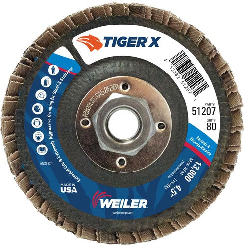 4 1/2″ Diameter - Tiger X Flap Disc, Angled, Phenolic Backing, 80Z, 5/8″ Diameter - 11 UNC Nut - Americas Industrial Supply
