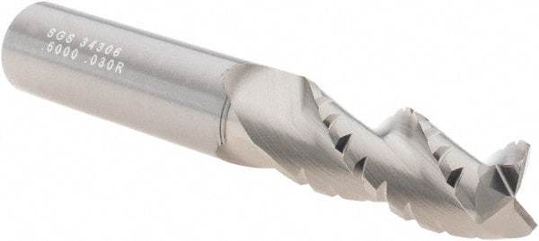 SGS - 1/2" Diam, 1-1/4" LOC, 3 Flute Solid Carbide 0.03" Corner Radius Roughing End Mill - TiB2 Finish, 3-1/4" OAL, 1/2" Shank Diam, Single End, Centercutting, 38° Helix - Americas Industrial Supply