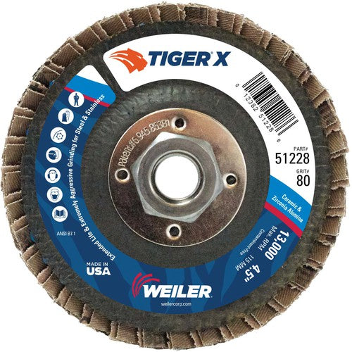 4 1/2″ Diameter - Tiger X Flap Disc, Flat, Phenolic Backing, 80Z, 5/8″-11 Diameter - Arbor Hole - Americas Industrial Supply