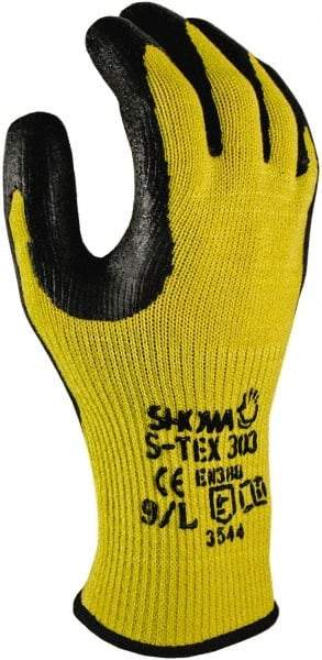 SHOWA - Size S (7), ANSI Cut Lvl 5, Natural Rubber Latex Coated Kevlar Cut Resistant Gloves - 9.5" Long, Palm & Fingertips Coated, High Strength Fiber/Stainless Steel Lining, Knit Wrist, Yellow/Black, Paired - Americas Industrial Supply