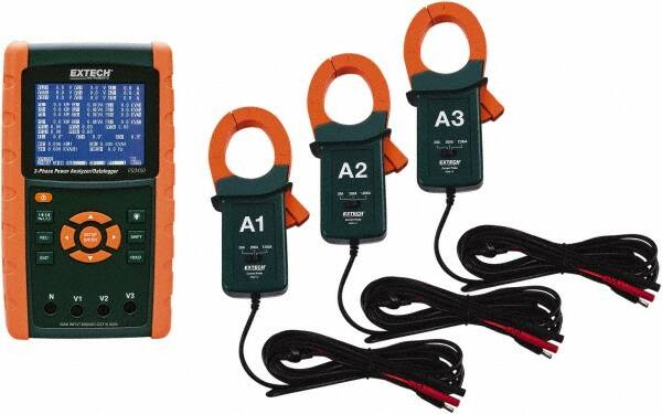 Extech - 3 Phase, 600 VAC, 0.01 to 1,200 Amp Capability, 45 to 65 Hz Calibration, LCD Display Power Meter - 0.5 Current Accuracy, 0.5 Voltage Accuracy - Americas Industrial Supply