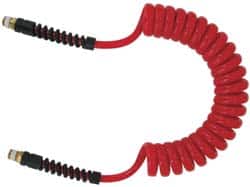 PRO-SOURCE - 5/16" ID, 1/4 Thread, 25' Long, Red Polyurethane Coiled & Self Storing Hose - 185 Max psi, Male Swivel x Male Swivel - Americas Industrial Supply