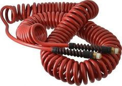 PRO-SOURCE - 1/4" ID, 1/4 Thread, 50' Long, Red Polyurethane Coiled & Self Storing Hose - 220 Max psi, Male Swivel x Male Swivel - Americas Industrial Supply