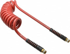 PRO-SOURCE - 3/8" ID, 3/8 Thread, 10' Long, Red Polyurethane Coiled & Self Storing Hose - 200 Max psi, Male Swivel x Male Swivel - Americas Industrial Supply