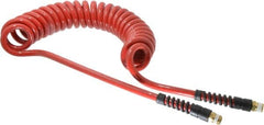 PRO-SOURCE - 3/8" ID, 3/8 Thread, 15' Long, Red Polyurethane Coiled & Self Storing Hose - 200 Max psi, Male Swivel x Male Swivel - Americas Industrial Supply