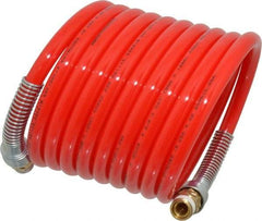 PRO-SOURCE - 3/8" ID, 3/8 Thread, 12' Long, Red Nylon Coiled & Self Storing Hose - 225 Max psi, Male Swivel x Male Swivel - Americas Industrial Supply