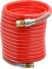 PRO-SOURCE - 3/8" ID, 3/8 Thread, 17' Long, Red Nylon Coiled & Self Storing Hose - 225 Max psi, Male Swivel x Male Swivel - Americas Industrial Supply