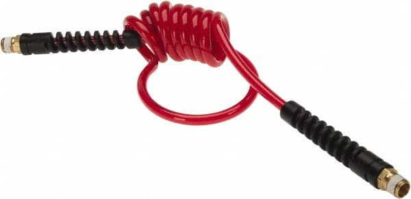 PRO-SOURCE - 3/16" ID, 1/4 Thread, 5' Long, Red Polyurethane Coiled & Self Storing Hose - 147 Max psi, Male Swivel x Male Swivel - Americas Industrial Supply