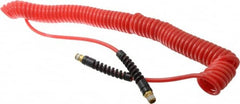 PRO-SOURCE - 3/16" ID, 1/4 Thread, 25' Long, Red Polyurethane Coiled & Self Storing Hose - 147 Max psi, Male Swivel x Male Swivel - Americas Industrial Supply