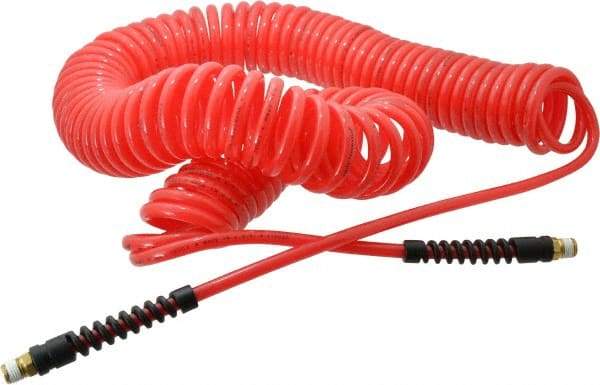 PRO-SOURCE - 1/4" ID, 1/4 Thread, 50' Long, Red Polyurethane Coiled & Self Storing Hose - 147 Max psi, Male Swivel x Male Swivel - Americas Industrial Supply