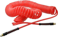 PRO-SOURCE - 1/4" ID, 1/4 Thread, 50' Long, Red Polyurethane Coiled & Self Storing Hose - 147 Max psi, Male Swivel x Male Swivel - Americas Industrial Supply