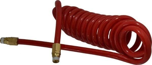 PRO-SOURCE - 1/2" ID, 1/2 Thread, 15' Long, Red Polyurethane Coiled & Self Storing Hose - 120 Max psi, Male Swivel x Male Swivel - Americas Industrial Supply
