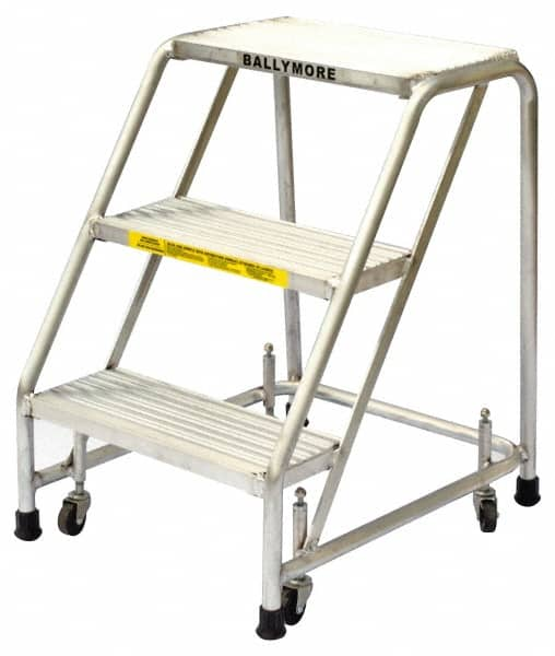 Ballymore - 28-1/2" 3 Step Ladder - Rolling Safety Ladder, 300 Lb Capacity, 28-1/2" Platform Height, 20" Base Width x 25" Base Depth, Solid Ribbed Tread - Americas Industrial Supply