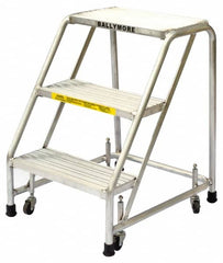 Ballymore - 28-1/2" 3 Step Ladder - Rolling Safety Ladder, 300 Lb Capacity, 28-1/2" Platform Height, 20" Base Width x 25" Base Depth, Solid Ribbed Tread - Americas Industrial Supply