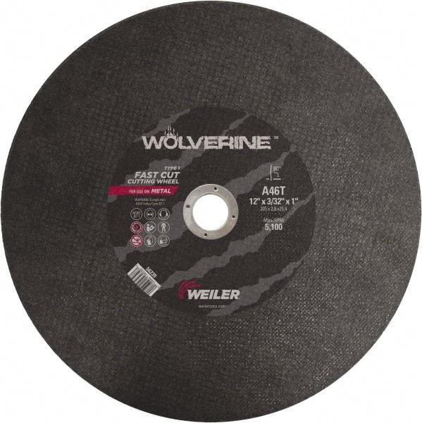 Weiler - 12" 46 Grit Aluminum Oxide Cutoff Wheel - 3/32" Thick, 1" Arbor, 5,100 Max RPM, Use with Chop Saws - Americas Industrial Supply