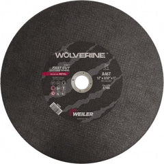 Weiler - 12" 46 Grit Aluminum Oxide Cutoff Wheel - 3/32" Thick, 1" Arbor, 5,100 Max RPM, Use with Chop Saws - Americas Industrial Supply