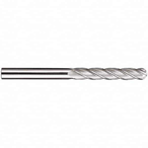 SGS - 5/16" Diam, 1-5/8" LOC, 4 Flute Solid Carbide Ball End Mill - TiN Finish, Single End, 4" OAL, 5/16" Shank Diam, Spiral Flute - Americas Industrial Supply