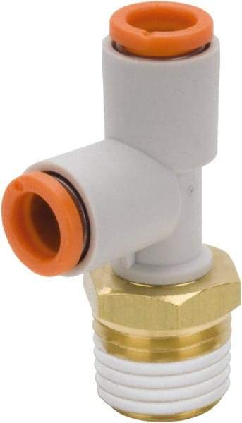 SMC PNEUMATICS - 5/16" Outside Diam, 1/8 NPT, Brass/Polybutylene Push-to-Connect Tube Male Run Tee - 145 Max psi - Americas Industrial Supply