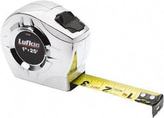 Lufkin - 25' x 1" Yellow Blade Tape Measure - 1/16" Graduation, Inch Graduation Style, Chrome Case - Americas Industrial Supply