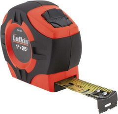 Lufkin - 25' x 1" Yellow Blade Tape Measure - 1/16" Graduation, Inch Graduation Style, High-Visibility Orange Case - Americas Industrial Supply