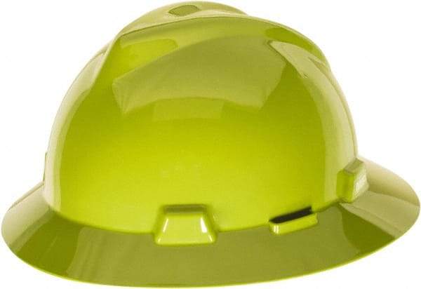 MSA - ANSI Type I, Class E Rated, Ratchet Adjustment Hard Hat - One Size Fits Most, Hi-Viz Yellow, Full Brim - Americas Industrial Supply