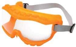 Uvex - Size Universal, Clear Polycarbonate Anti-Fog & Scratch Resistant Lens, Safety Goggles - Indirect Vent, Orange TPE (Thermopoly Elastomer) Frame, Over the Glass Style - Americas Industrial Supply