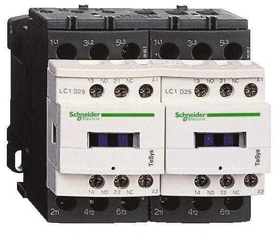 Schneider Electric - 3 Pole, 24 Coil VAC at 50/60 Hz, 12 Amp at 440 VAC, Reversible IEC Contactor - 1 Phase hp: 1 at 115 VAC, 2 at 230/240 VAC, 3 Phase hp: 10 at 575/600 VAC, 3 at 200/208 VAC, 3 at 230/240 VAC, 7.5 at 460/480 VAC - Americas Industrial Supply