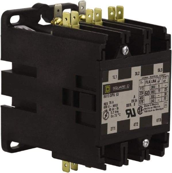 Square D - 3 Pole, 60 Amp Inductive Load, 277 Coil VAC at 60 Hz, Definite Purpose Contactor - Phase 1 and Phase 3 Hp:  10 at 230 VAC, 25 at 230 VAC, 30 at 460 VAC, 30 at 575 VAC, 5 at 115 VAC, 75 Amp Resistive Rating, CE, CSA, UL Listed - Americas Industrial Supply