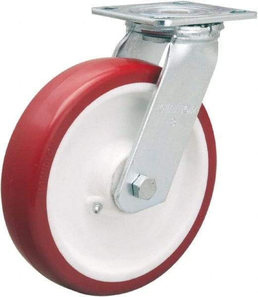 Hamilton - 8" Diam x 2" Wide x 9-1/2" OAH Top Plate Mount Swivel Caster - Polyurethane Mold on Polypropylene, 900 Lb Capacity, Straight Roller Bearing, 4 x 4-1/2" Plate - Americas Industrial Supply