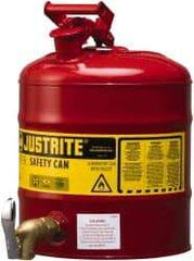 Justrite - 5 Gal Galvanized Steel Self-Closing, Self-Venting, Full-Length Flame Arrester with Bottom Faucet - 16-7/8" High x 11-3/4" Diam, Red with Yellow - Americas Industrial Supply
