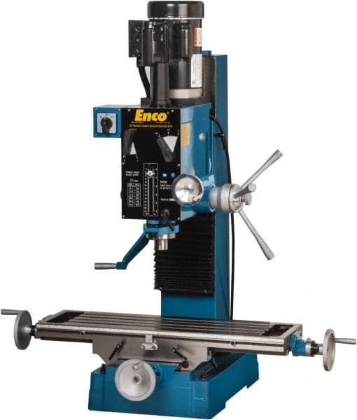 Enco - 1 Phase, Mill Drill Combination - 37-1/2" Table Length x 28" Table Width, 22" Longitudinal Travel, 8" Cross Travel, 6 Spindle Speeds, 2 hp, 220 Volts - Americas Industrial Supply