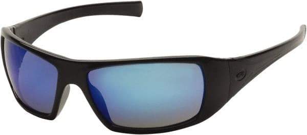 PYRAMEX - Ice Blue Mirror Lenses, Framed Safety Glasses - Scratch Resistant, Black Polycarbonate/Thermoplastic Rubber Frame, Size Universal, Wrap Around - Americas Industrial Supply