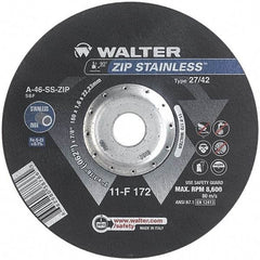 WALTER Surface Technologies - 46 Grit, 7" Wheel Diam, 1/16" Wheel Thickness, 7/8" Arbor Hole, Type 27 Depressed Center Wheel - Aluminum Oxide/Silicon Carbide Blend, Resinoid Bond, 8,600 Max RPM - Americas Industrial Supply