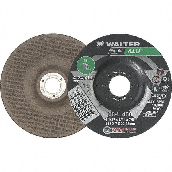 WALTER Surface Technologies - 24 Grit, 4-1/2" Wheel Diam, 1/4" Wheel Thickness, 7/8" Arbor Hole, Type 27 Depressed Center Wheel - Aluminum Oxide, 13,300 Max RPM - Americas Industrial Supply