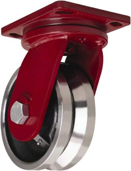 Hamilton - 8" Diam x 3" Wide, Iron Swivel Caster - 5,000 Lb Capacity, Top Plate Mount, 6-1/2" x 7-1/2" Plate, Straight Roller Bearing - Americas Industrial Supply