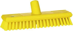 Vikan - 1.3" Bristle Length, Polyester Scrub Brush - 10-3/4" Long x 2-1/2" Wide Head, 11" OAL, European Threaded Handle, Yellow, Polypropylene Block - Americas Industrial Supply