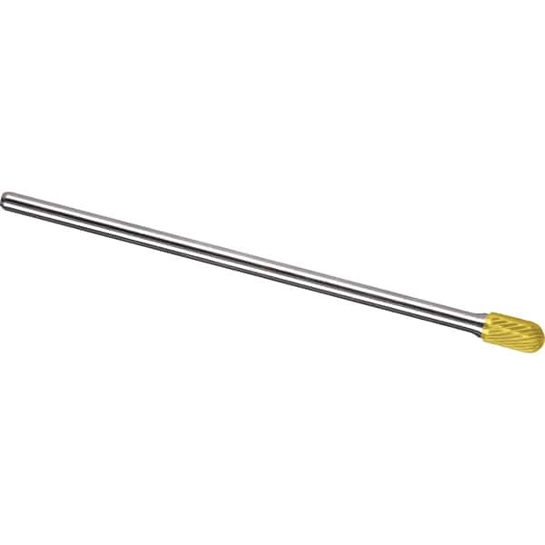 Made in USA - 1/4" Cut Diam, 1/4" Shank Diam, Cylinder with Radius Head Single Cut Burr - Carbide, 5/8" LOC, 6" OAL - Americas Industrial Supply