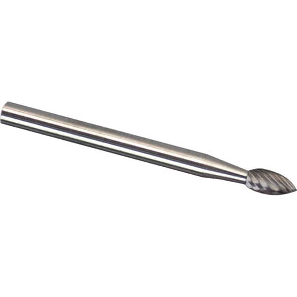 Made in USA - 1/8" Cut Diam, 1/8" Shank Diam, Tree Head Double Cut Burr - Carbide, 1/4" LOC, 1-1/2" OAL - Americas Industrial Supply