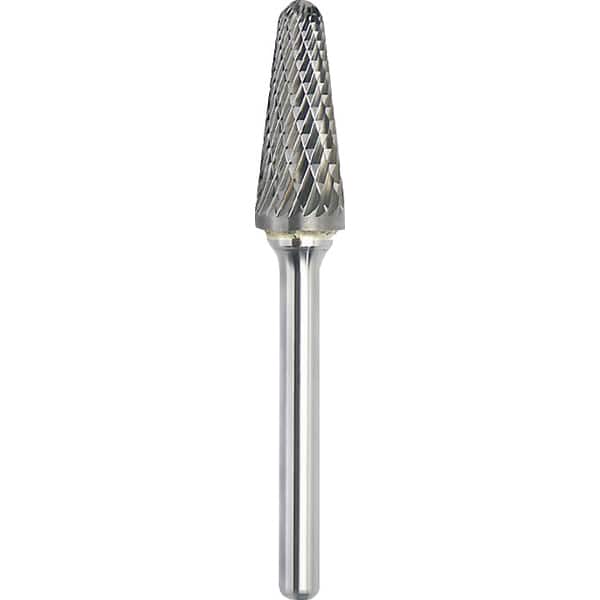 Made in USA - 1/2" Cut Diam, 1/4" Shank Diam, Cone Head Double Cut Burr - Carbide, 1-1/8" LOC, 2-7/8" OAL - Americas Industrial Supply