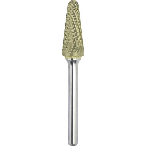 Made in USA - 1/4" Cut Diam, 1/4" Shank Diam, Cone Head Double Cut Burr - Carbide, 5/8" LOC, 2" OAL - Americas Industrial Supply
