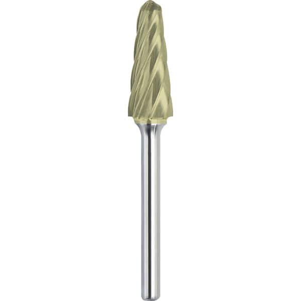 Made in USA - 1/2" Cut Diam, 1/4" Shank Diam, Cone Head Aluma Cut Burr - Carbide, 1-1/8" LOC, 2-7/8" OAL - Americas Industrial Supply