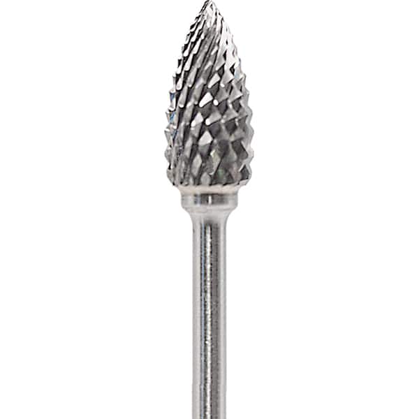 Made in USA - 1/4" Cut Diam, 0.0925" Shank Diam, Flame Head Diamond Cut Burr - Carbide, 1/2" LOC, 2" OAL - Americas Industrial Supply