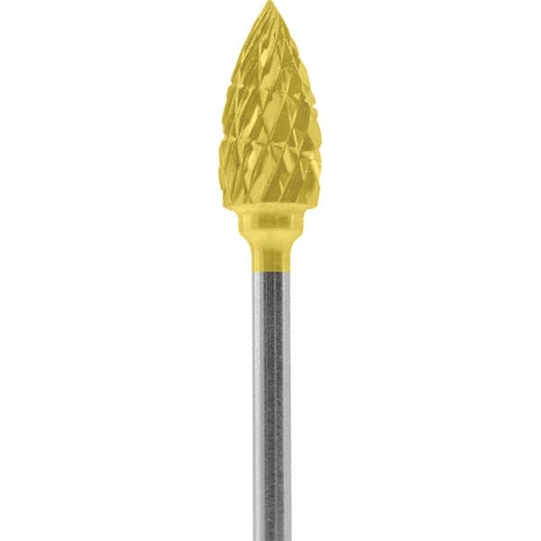 Made in USA - 1/4" Cut Diam, 0.0925" Shank Diam, Flame Head Double Cut Burr - Carbide, 1/2" LOC, 2" OAL - Americas Industrial Supply