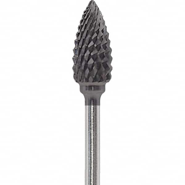 Made in USA - 1/4" Cut Diam, 0.0925" Shank Diam, Flame Head Diamond Cut Burr - Carbide, 1/2" LOC, 2" OAL - Americas Industrial Supply