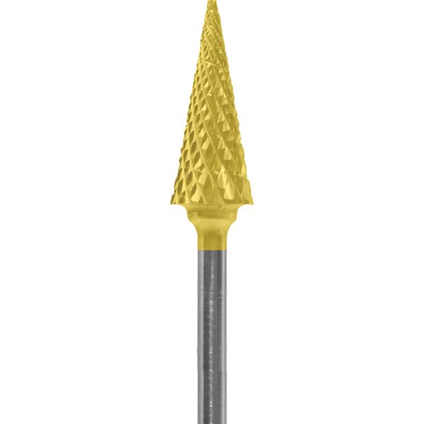 Made in USA - 1/4" Cut Diam, 0.0925" Shank Diam, Cone Head Diamond Cut Burr - Carbide, 5/8" LOC, 2" OAL - Americas Industrial Supply