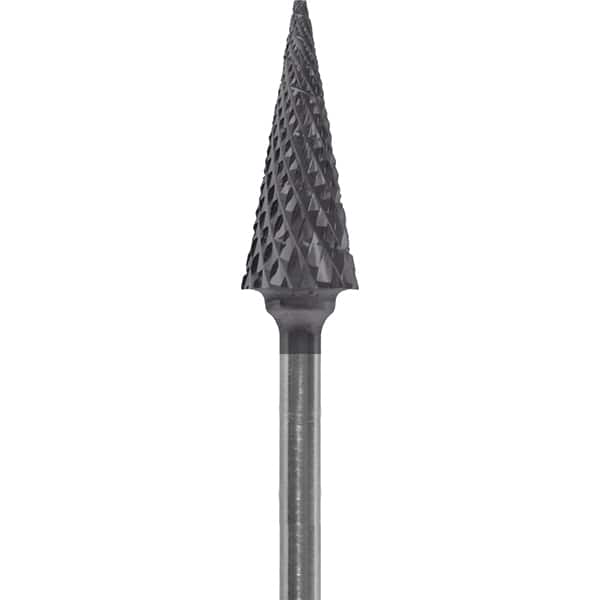 Made in USA - 1/4" Cut Diam, 0.0925" Shank Diam, Cone Head Diamond Cut Burr - Carbide, 5/8" LOC, 2" OAL - Americas Industrial Supply