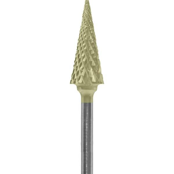 Made in USA - 1/4" Cut Diam, 0.0925" Shank Diam, Cone Head Diamond Cut Burr - Carbide, 5/8" LOC, 2" OAL - Americas Industrial Supply